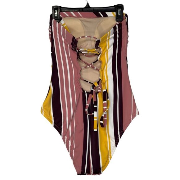 Kona Sol Variegated Stripe One Piece Swimsuit Bandeau Lace Up - Size Small 4-6 - Picture 4 of 9